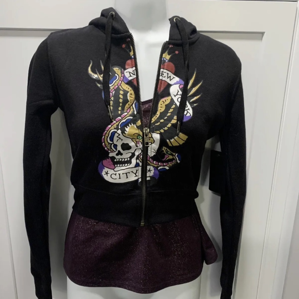 New Women’s Junior Black Ed Hardy Hoodie Zipper Sweatshirt New York Size Small